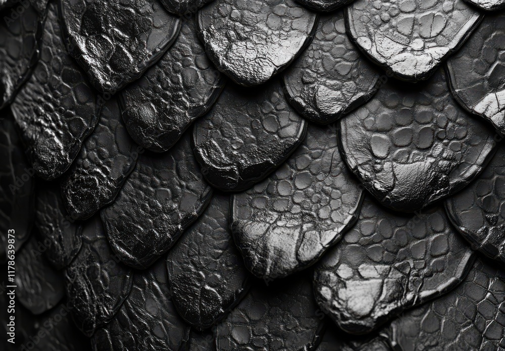Aufkleber close-up of glossy black scales textured surface showcasing the intricate patterns and reflective qu