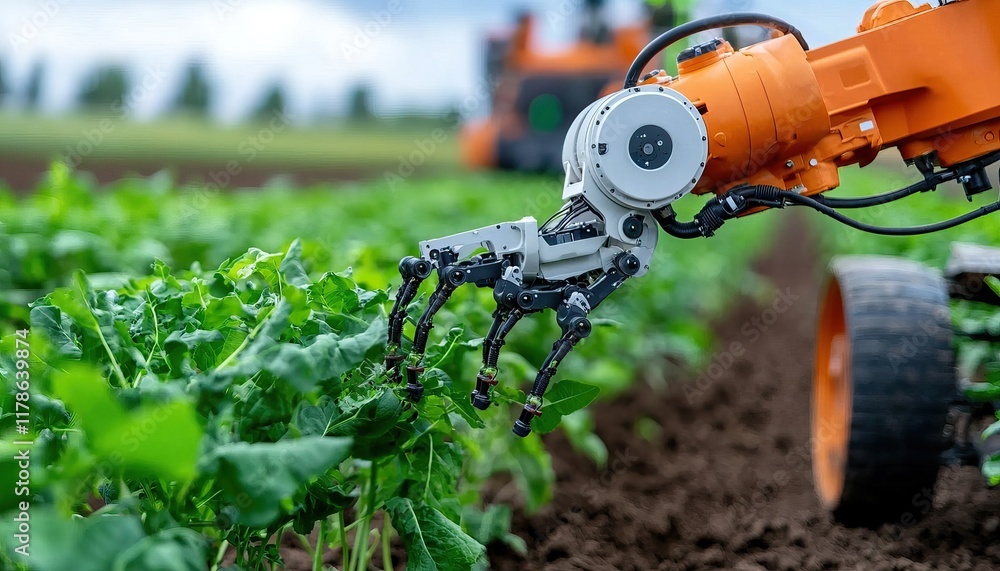 Poster a robotic hand tending to crops in a field, showcasing the integration of technology in modern agric
