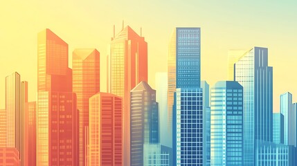 Obraz premium A colorful skyline featuring modern skyscrapers under a gradient sky.