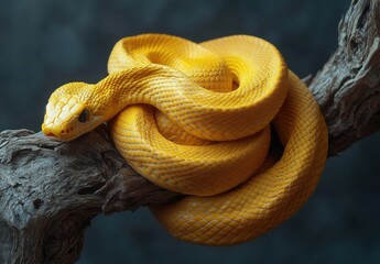 Fototapeta premium Close-Up of Vibrant Yellow Snake Wrapped Around Branch, Showcasing Beautiful Scales and Intricate Details in Natural Habitat with Soft Lighting