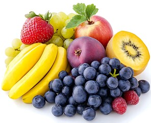 Colorful fruit arrangement; fresh bananas, berries, and stone fruit; healthy eating concept; ideal for food blogs.