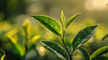Obraz premium Close-up of vibrant green tea leaves illuminated by sunlight in a lush plantation.
