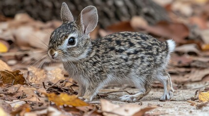 Fototapeta premium Young Eastern Cottontail Rabbit Among Autumn Leaves