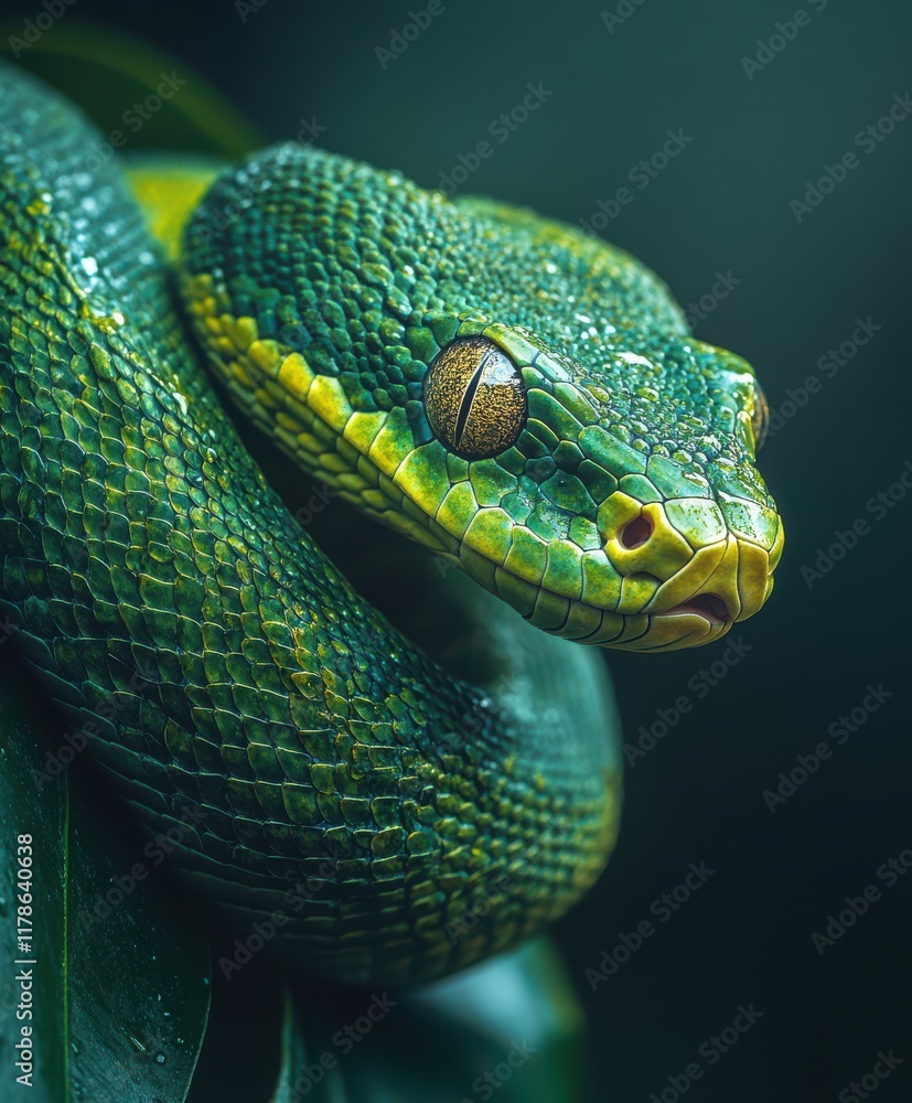 Poster close-up portrait of a vibrant green snake with distinctive patterns against a dark background surro