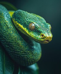 Obraz premium Close-Up Portrait of a Vibrant Green Snake with Distinctive Patterns Against a Dark Background Surrounded by Leaves and Natural Elements