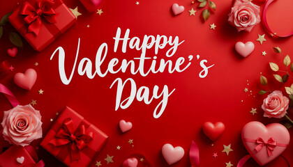 Festive Valentine's Day Gift Arrangement on Red Background