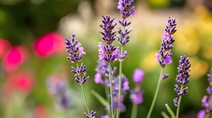 Naklejka premium Close-up of vibrant purple lavender flowers in a garden with blurred colorful background.