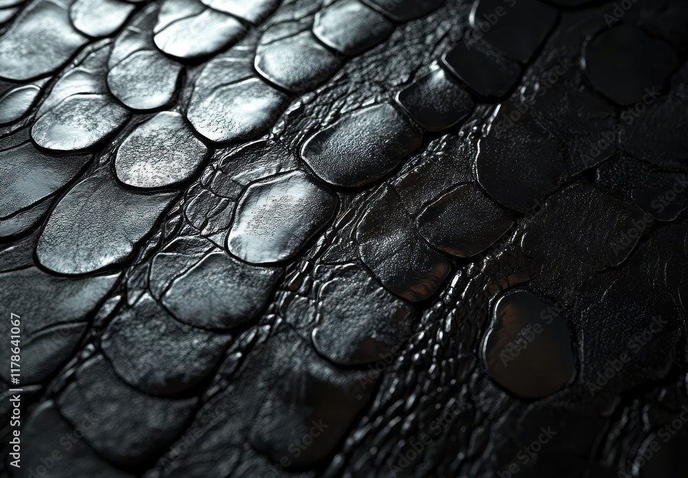 Poster close-up textured surface of dark scaly material with glossy finish, ideal for backgrounds and textu
