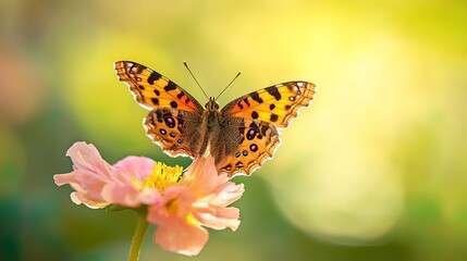 Obraz premium Colorful butterfly perched on a pink flower in sunlight.
