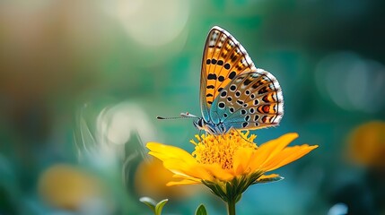 Obraz premium Colorful butterfly perched on a vibrant yellow flower in a garden, showcasing intricate wing details and bokeh background.
