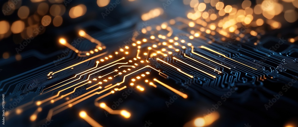 Poster a close-up view of a circuit board, showcasing intricate pathways and glowing lights, emphasizing te