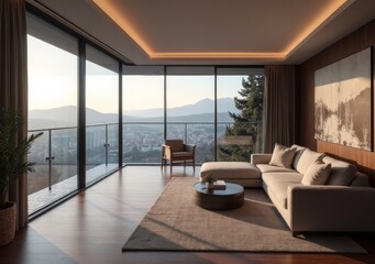 Obraz premium Elegant modern living room with panoramic mountain view at sunset