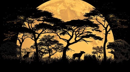 African Savannah Night: Silhouettes under a Giant Moon