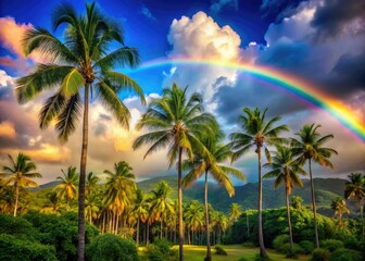 Obraz premium Vibrant Kauai rainbows arch over lush palm trees, a tropical paradise.