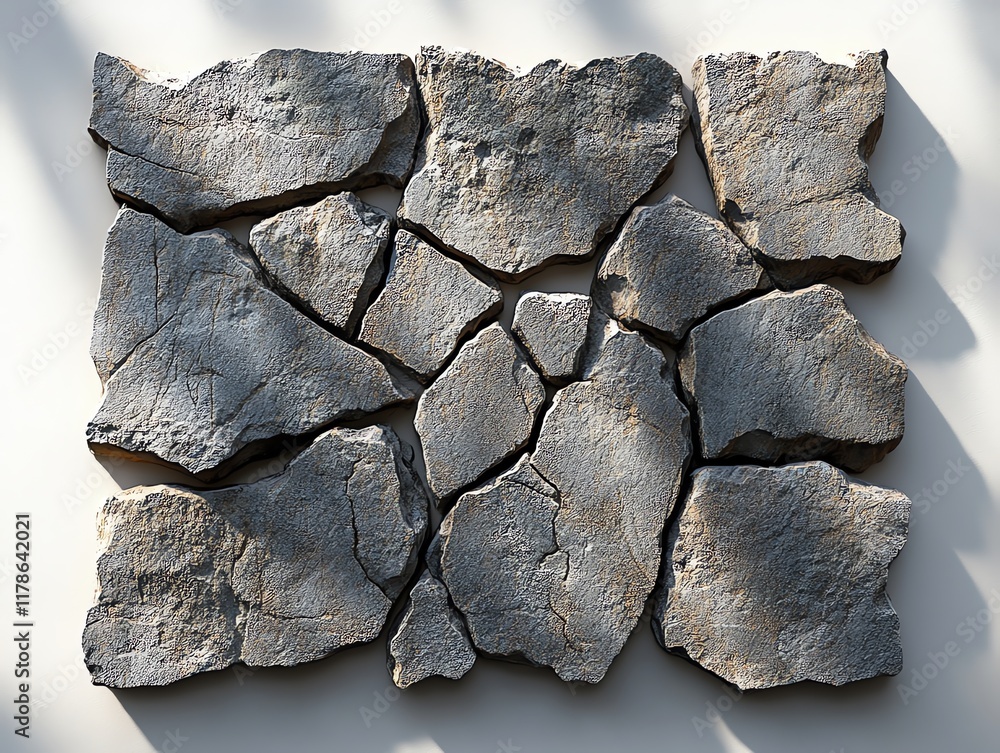 Poster a flat lay of irregularly shaped grey stones arranged in a rectangular pattern on a white background