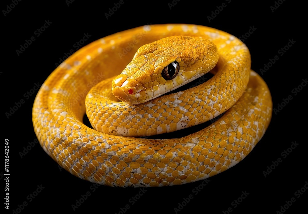 Poster close-up view of a vibrant yellow snake coiling with intricate scale patterns against a solid black 