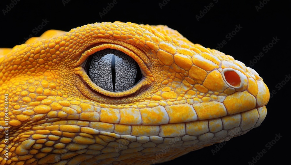 Poster close-up view of a vibrant yellow gecko with intricate textures and unique eye detail set against a 