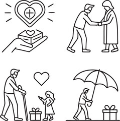 Love, friendship, care and charity concept editable stroke outline icons  set isolated on white background flat vector illustration.