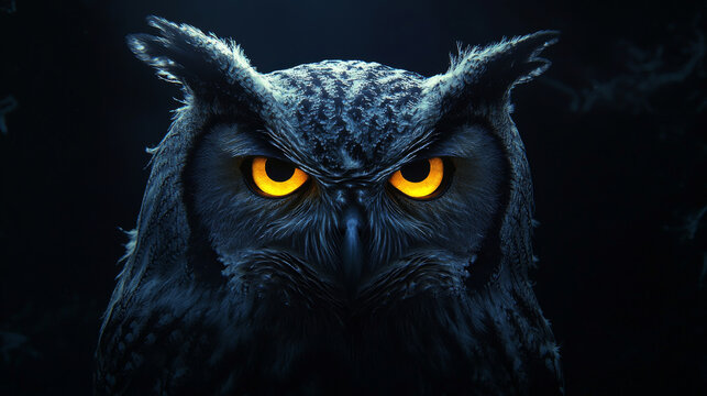 beautiful, Owl with yellow eyes on a black background, suitable for use as wallpaper, phone wallpaper, or mobile phone screen.