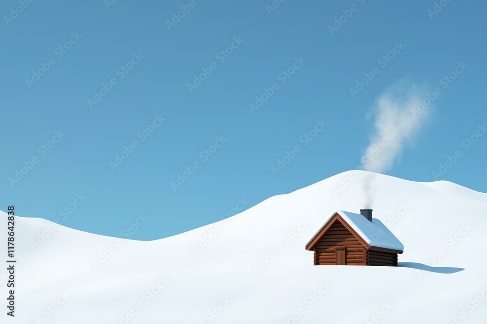 Wall mural A cozy cabin stands alone in a snowy landscape, with smoke rising from its chimney against a clear blue sky.