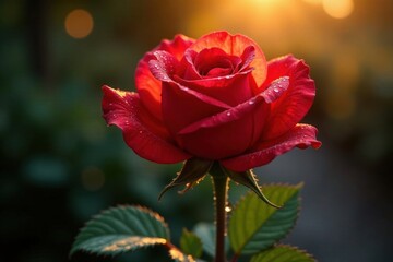 Obraz premium Red rose with dew drops, glowing intensely in sunlight, red rose, macro, sunrise