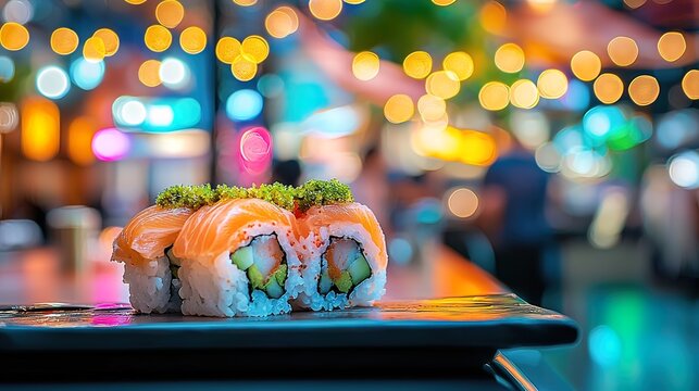 Delicious salmon sushi rolls served on a dark plate at a vibrant night market.