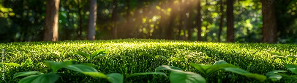 Poster a serene forest scene with lush green grass, illuminated by soft sunlight filtering through trees, c