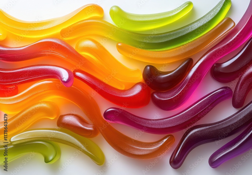 Poster colorful abstract wavy shapes of gelatin candy in various vibrant colors creating a playful and ener