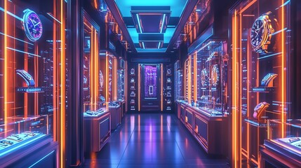Neon-lit luxury watch showroom interior.