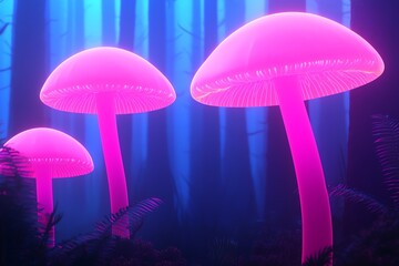 Fototapeta premium Ethereal pink mushrooms glow amidst a mystical forest, creating a surreal atmosphere with vibrant colors and enchanting hues.