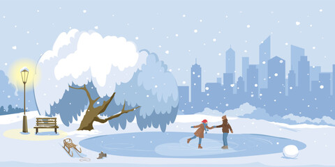 Fun winter activities, couple in love on the ice rink, winter time. Vector illustration for Valentine's Day. Winter park in the big city.  Freehand drawing.
