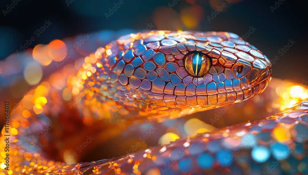 Poster colorful close-up of a shimmering snake with dazzling scales reflecting light, showcasing vivid colo