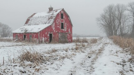 Red Barn Winter Landscape Snowy Field