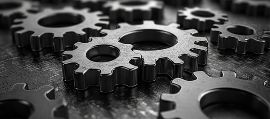 Close-up of interlocking metal gears, showcasing intricate details and mechanical precision.