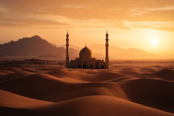 Beautiful Mosque in Desert at Sunrise with Rolling Sand Dunes During Ramadan