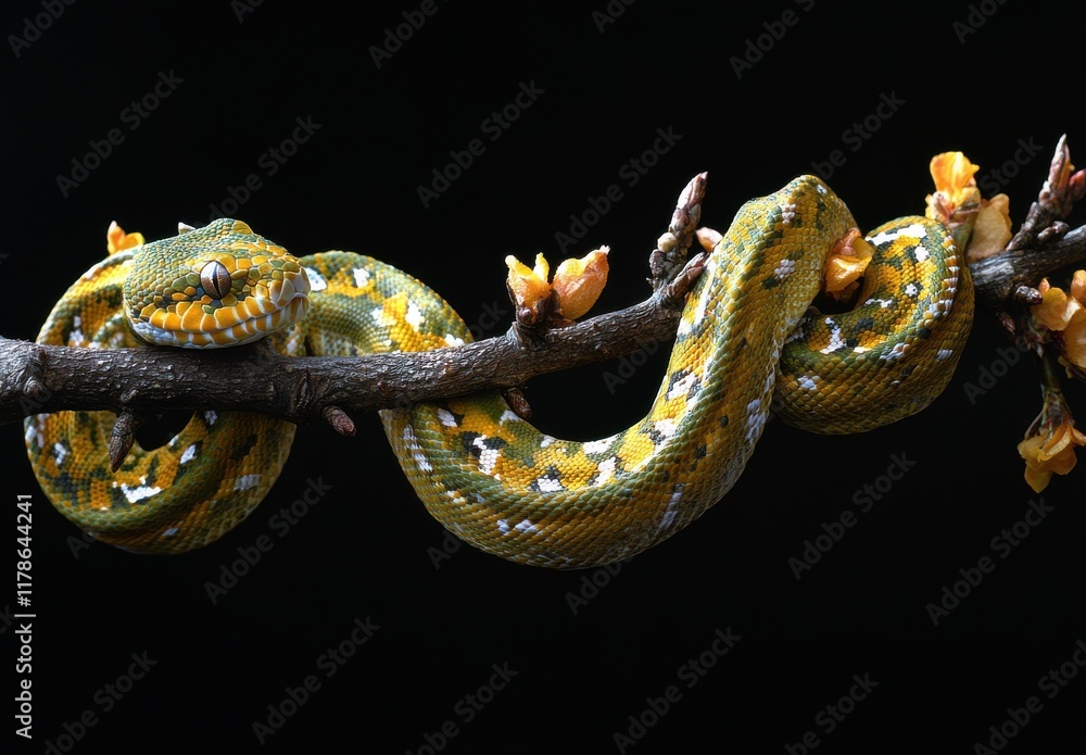 Aufkleber colorful green tree python coiled on a branch surrounded by yellow flowers against a dark background
