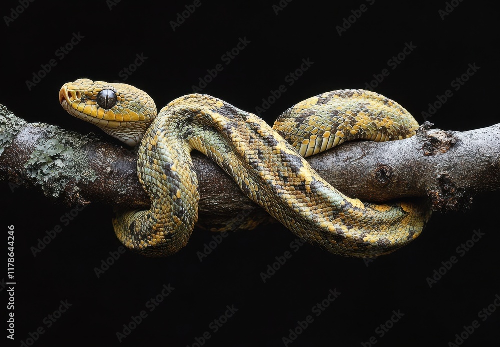 Poster Colorful tree snake resting on a branch against a dark background, showcasing its intricate scales and vibrant patterns in a natural environment setting.
