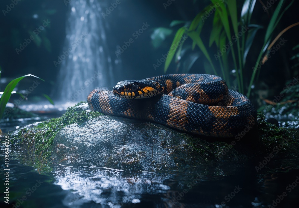 Aufkleber colorful snake resting on a rock in a serene rainforest environment with mist and a soft waterfall i