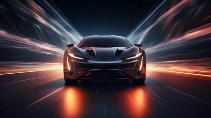 A dynamic view of a high-speed sports car with striking headlights, captured in motion with vivid light trails, embodying speed and cutting-edge automotive design.