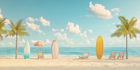Goldener Strand,blaues Meer, blauer Himmel und weiße Wolken, ein paar Kokospalmen auf dem Sand und Strandstühle, Surfbretter, Schwimmringe, bunt 
