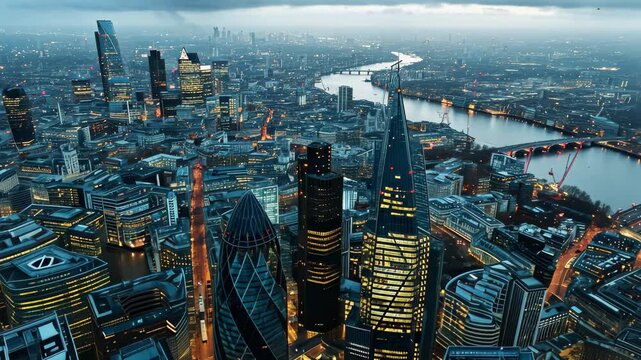 Aerial View of the City of London at Night, London's financial district seen from high above