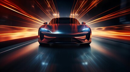 Naklejka premium A futuristic car surged forward with dynamic light trails, showcasing speed and innovation. The sharp design and advanced technology embody modern automotive excellence.