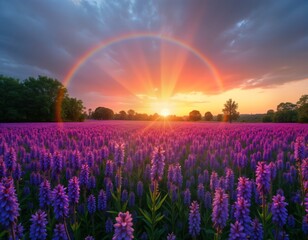 Beautiful rural landscape panorama at sunrise. Blooming purple Phacelia flowers fill large field. Rainbow arches above colorful sky. Trees stand on horizon. Scenic countryside scene. Perfect for