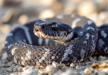 Fototapeta premium Detailed Close-Up of a Beautiful Black and White Patterned Snake on Sandy Ground with Soft Focus Background Highlighting its Scales and Distinct Features