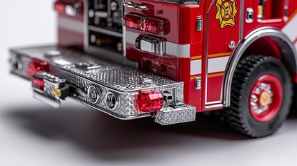 Detailed close-up of a toy fire truck, vivid red, shiny details, staged with childlike props