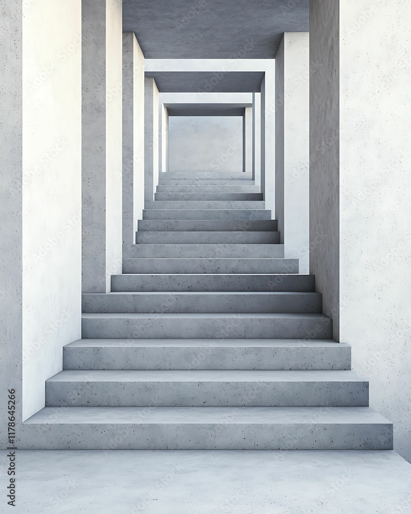 Poster a modern, minimalist staircase leads upwards through a series of concrete frames, creating a sense o