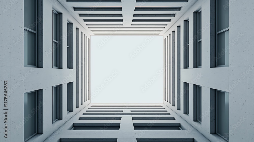 Poster a captivating view looking up into a modern building, showcasing symmetrical architecture and a clea