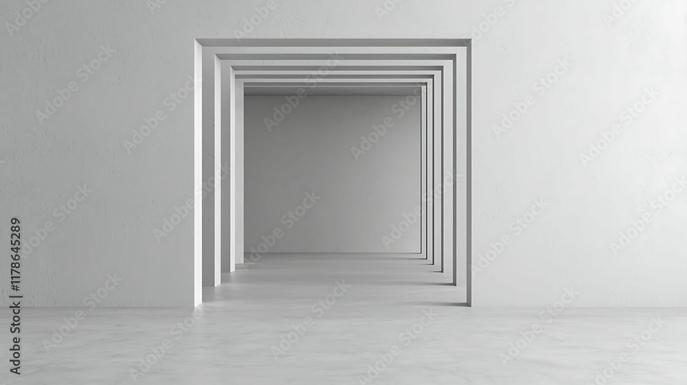 Poster a minimalist interior featuring a series of white frames creating a perspective effect in a spacious