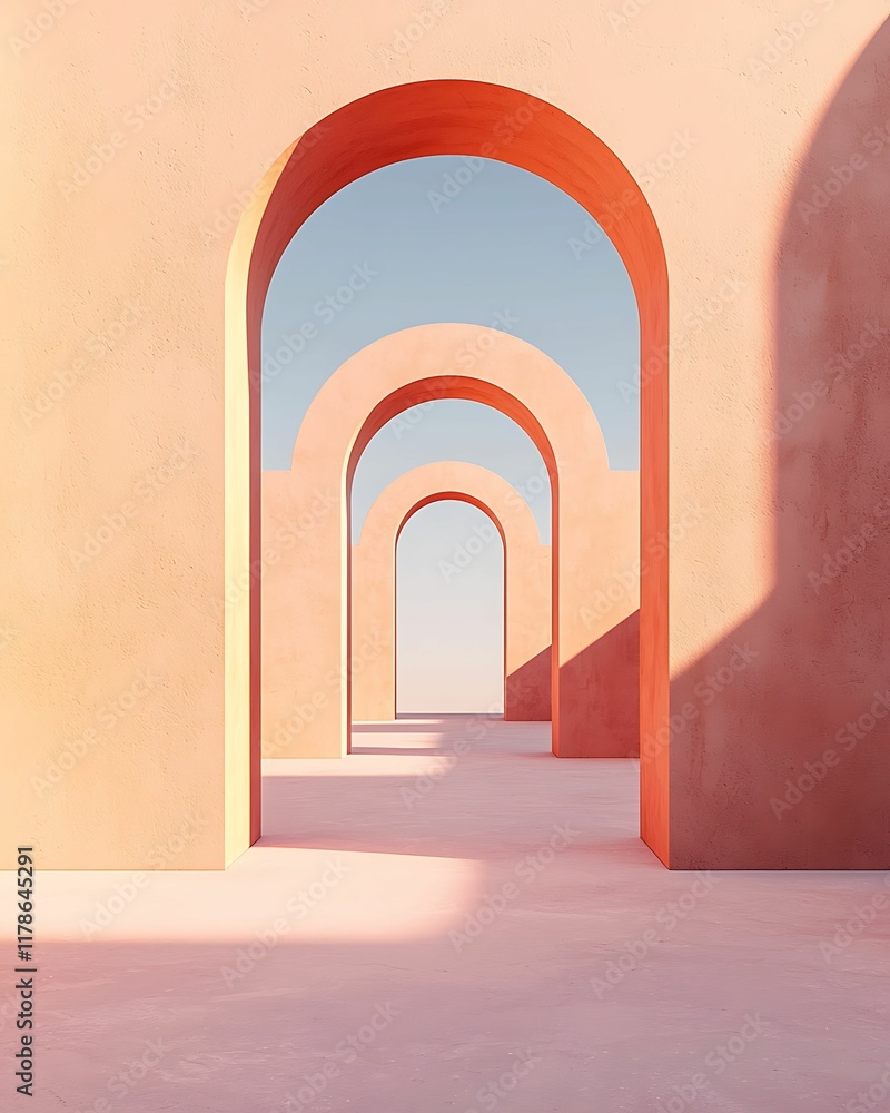 Poster a serene architectural scene featuring multiple arches in warm colors, set against a clear sky, crea