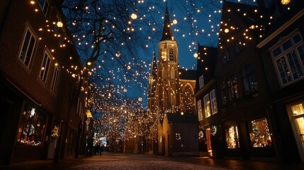 Christmas lights decorating the streets near St. Mary's Church in Celle, Germany, adding a magical touch to the evening atmosphere of this picturesque town square